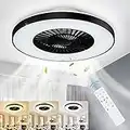 DLLT Modern Ceiling Fans with Lights, 40W LED Dimmable with Remote, 7 Invisible Blades Semi Flush Mount Ceiling Fan Light, 3-Speed Indoor Low Profile Ceiling Fan, 3000K-6500K Timing