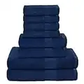 Belizzi Home 8 Piece Towel Set 100% Ring Spun Cotton, 2 Bath Towels 27x54, 2 Hand Towels 16x28 and 4 Washcloths 13x13 - Ultra Soft Highly Absorbent Machine Washable Hotel Spa Quality - Navy Blue