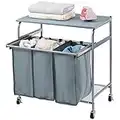 HollyHOME Laundry Sorter Cart withSide pull 3-Bag Ironing Board Heavy-Duty 4 Wheels Laundry Hamper Light Grey