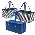 Planet E Reusable Foldable Grocery Shopping Bags with a Trunk Size Collapsible Box (Pack of 3, Navy Stripe and Solid)