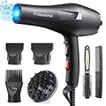 HappyGoo,Black Professional Hair Dryer 2400W AC Motor Fast Drying Salon Ionic Hairdryer with 2 Speed, 3 Heat Setting, Cool Button, with Diffuser, Nozzle, Concentrator Comb for Curly and Straight Hair