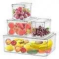 Voency Fridge Storage Containers Set of 4, Plastic Food Storage Organizer Bins for Refrigerator, Multifunctional Clear Fruit Vegetables Freezer Storage Boxes