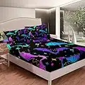 Halloween Bat Bedding Sets Full Size Glitter Stars Galaxy Bed Sheets for Kids Child, Gothic Bats Fitted Sheet Halloween Decorations Teal Blue Green Purple