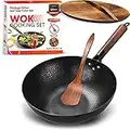 Gold Dragon Heritage Edition Carbon Steel Wok Pan with Lid | 12.5" Nonstick Restaurant Quality Wok Set for Flavorful Cooking | Traditional Hand-Hammered Stir Fry Pan | Round Flat Bottom Wok