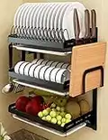 Supfirm Estante de Secado de Platos de Acero Inoxidable montado en la Pared, Cesta de Almacenamiento de Frutas y Verduras con escurridor y Estante Organizador de Cocina Colgante (3 Niveles)