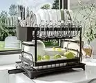 Dish Rack for Kitchen Counter, Dish Drying Rack with Drainboard, 2 Tier Dish Drainers for Kitchen Counter(Black)