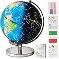 SMART WALLABY 9" Illuminated Educational Kids World Globe + STEM Flags & Countries Interactive Card Game. 3 in 1 Children Desktop Spinning Earth Political & Constellation Maps, LED Night Light Lamp with Stand