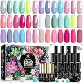 MEFA Gel Nail Polish Set 23 Pcs 20 Colors, Hot Pink Bright Sage Green Blue Cotton Candy Colors Pastel Glitter Nail Gel Kit with Glossy & Matte Top Base Coat Summer Starters Nails Art Manicure Home Gifts for Women Girls