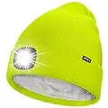 ATNKE LED Bonnet Lampe Frontale,USB Rechargeable 4 LED Chapeau de Course Ultra Lumineux Lumière Hiver Chaud Polaire Doublée Tricot Bonnet Cadeaux pour Hommes et Femmes/Fluorescent Yellow