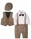 ZOEREA Baby Boy Outfits Set, 3pcs Long Sleeves Gentleman Jumpsuit & Vest Coat & Berets Hat with Bow Tie Brown,6-9 Months