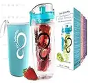 Live Infinitely 32 oz. Fruit Infuser Water Bottles With Time Marker, Insulation Sleeve & Recipe eBook - Fun & Healthy Way to Stay Hydrated (Teal Timeline, 32 Ounce)