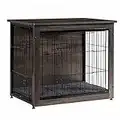 DWANTON Dog Crate Furniture with Cushion, Wooden Dog Crate with Double Doors, Dog Furniture, Dog Kennel Indoor, End Table, Small, 27.2" L x 20.1" W x 23.6" H, Dark Grey