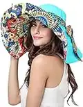 Women's Foldable Floppy Reversible Travel Beach Sun Visor Hat Wide Brim UPF 50+ Blue