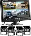 Podofo Caméra de Recul pour Véhicule 4 Caméras de 9" 4 Split Moniteur Caméra de recul étanche IR Vision Nocturne avec câble d'aviation 4 Broches (32 m/65 ft)