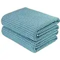 POLYTE Microfiber Oversize Quick Dry Lint Free Bath Towel, 60 x 30 in, Set of 2 (Green, Waffle Weave)
