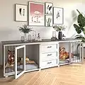 Dog Crate Furniture Indoor - Wooden Dog Kennel with 3 Drawer, Double Doors with Locks,95”x23”x32”H, White