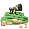 NGreen Expandable and Flexible Garden Hose - Strength Durable Fabric and 12-Layer Latex Inner Tube, Lightweight Easy Storage Kink Free Water Hose, Leakproof Solid Brass Fittings with Nozzle (25FT, GREEN)