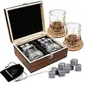 Whiskey Stones Gift Set - Scotch Bourbon Glasses Set, Whisky Rocks Chilling Stones in Wooden Gift Box - Gift Set for Men - Idea for Birthday, Anniversary, Christmas, Fathers Day.