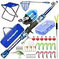 DaddyGoFish Kids Fishing Pole – Telescopic Rod & Reel Combo with Collapsible Chair, Rod Holder, Tackle Box, Bait Net and Carry Bag for Boys and Girls (Blue, 4.00)