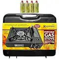 PORTABLE GAS COOKER STOVE + 4 BUTANE BOTTLES CAMPING BBQ PARTY BURNER BLACK FOR OUTDOOR BBQ PICNICS FIRE GRILL LIGHTWEIGHT WITH CASE