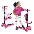 3 Wheeled Scooter for Kids - 2-in-1 Sit/Stand Child Toddlers Toy Kick Scooters w/Flip-Out Seat, Adjustable Height, Wide Deck, Flashing Wheel Lights, for Boys/Girls 1 Year Old+ - Hurtle HURFS66 (Pink)