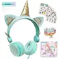 Girls Green Unicorn Wired Headphones,Cute Cat Ear Kids Game Headset for Boys Teens Tablet Laptop PC,Over Ear Children Headset withMic,for School Birthday Xmas Gifts