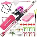 DaddyGoFish Kids Fishing Pole – Telescopic Rod & Reel Combo with Collapsible Chair, Rod Holder, Tackle Box, Bait Net and Carry Bag for Boys and Girls - Pink, 4ft