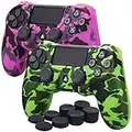 YoRHa Transfert d'eau Impression de Camouflage Housse en Silicone Coque Custom pour PS4/Slim/Pro Mantte x 2 (Vert+Rose foncé) avec FPS Pro Thumb Grip poignée Pouce Pro x 8