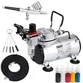 Timbertech Airbrush Kit with Compressor AS18-2K Basic Start Kit with Air Hose, Cleaning Brush & Test Paints for Hobby, Body Tattoo, Graphic and Any Other Airbrush Application