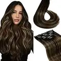 LaaVoo Clip in Hair Extensions For Women Real Human Hair Balayage Darkest Brown to Light Brown Ombre Hair Extensions Clip in Dark Brown Real Hair Extensions Double Weft 120g 7pcs 14 Inch