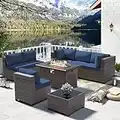 Gotland 8 Piece Outdoor Patio Furniture Set with Gas Fire Pit Table Sectional Sofa w/43in Propane Fire Pit, 55,000 BTU Auto-Ignition Firepit w/Glass Wind Guard