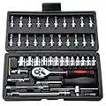 Socket Set 46 Piece Socket Set Metric Tool Kit 1/4'' Wrench Handle, Tool Kits for Home Car Repair Kit with Extension Bars, Quick Release Reversible Ratchet Socket Wrench Set for Car Motorcycle