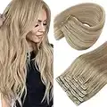 Sunny Clip in Human Hair Extensions, Golden Blonde Hair Extensions Human Hair Clip in Extensions Light Blonde Highlighted Gold Blonde Real Human Hair Extensions 100G 14inch