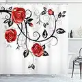 ABAKUHAUS gótico Cortina de Baño, Remolinos de Rosas de jardín, Material Resistente al Agua Durable Estampa Digital, 175 x 180 cm, Bermellón Negro Blanco