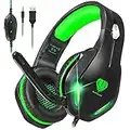 Stynice Cuffie da gaming con microfono per PC / PS4 / Xbox One/Laptop/MAC-Stereo Surround headset con cuffie morbide con jack da 3,5 mm LED Verde (cavo splitter incluso)