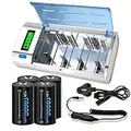 CITYORK Universal LCD Display Battery Charger with Discharge Function For AA, AAA, C, D, 9V Ni-MH Ni-CD Rechargeable Batteries with 4 x Ni-MH D Size 10000mAh Battery and UK Standard Charging Cable