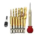 Spiral Tap Drill Bit Set, 6pcs Titanium Coated HSS Fluted Machine Screw Tap Kit, Hex Shank Combination Drill Tap Bit Spiral Screw Tap Set M3-M10 With Automatic Spring Loaded Center Punch Tool