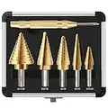 GMTOOLS Step Drill Bit Set, 6 Pcs Titanium High Speed Steel Unibit Drill Bits, Stepped Up Bits & Automatic Center Punch for Sheet Metal, DIY Lovers with Aluminum Case, Total 50 Sizes for Multiple Hole