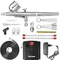 Gocheer Compresseur Aerographe Complet Kit Inclus Double Action Pistolet Aerographe,Mini Compresseur,Filtre,Porte,Tuyau,Mini Clé,Compte-gouttes,Kit Nettoyage Aerographe et 0,2/0,3/0,5 Buse et Aiguille