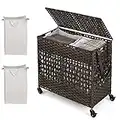 CASART Mobile Handwoven Laundry Basket, Foldable 110L Laundry Hamper with Lid, 2 Removable Liner Bags, Side Handle & PU Strap, Synthetic Rattan 2 Sections Cloth Basket Bin (Brown)