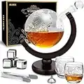 BLOCE Whiskey Decanter Sets for Men with Glasses, Etched World Globe Whiskey Gifts for Men with 2 Glasses, 4 Ice Cubes Set, Home Bar Accessories for All Kinds of Alcohol Drinks and Vodka