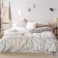 EAVD Reversible Botanical Floral Duvet Cover Queen White Soft 100% Cotton Garden Floral Bedding Set with 2 Pillowcases Chic Shabby Floral Comforter Set for Girls Women with Zipper Closure