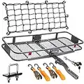 Mockins 60"x20"x6" Heavy-Duty Cargo Carrier Hitch Mount 500lb Cap. Folding Cargo Rack Basket with Net, Strap, Hitch Lock & Stabilizer | Tow Trailer Hitch Cargo Carrier | Fits Vehicle with 2" Receiver