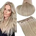 RUNATURE Real Human Hair Clip in Extensions Ash Blonde Mix Bleach Blonde Human Hair Clip in Extensions Double Weft Clip on Remy Hair Extensions 12 Inch 50 Gram 3Pieces