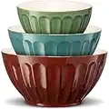 KooK Nesting Serving & Mixing Bowls, Ceramic Kitchen Bowls, For Salads, Fruit, Popcorn, Microwave and Dishwasher Safe, Red/Blue/Green, 1/2/4 Qt, Set of 3