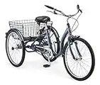 Schwinn Meridian Adult Tricycle Bike, Mens and Womens Three Wheel Beach Cruiser, 24-Inch Wheels, Low Step-Through Frame, Wide Seat, Rear Folding Basket, 1-Speed, Slate Blue