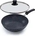 nuovva Non-Stick Wok Pan with Glass Lid– Deep Stir Fry Pan with Induction Base – 28cm Frying Pan with Detachable Handle