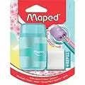 Maped Taille-Crayon Connect 2 Trous avec Gomme sans PVC + 1 Recharge Gomme Medium - Coloris Pastel Aléatoire Bleu, Violet ou Rose, 49230