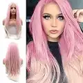 Peluca de cabello rosa, rubio, encaje frontal, para mujer, suave, larga, ondulada, natural, sin pegamento, realista, degradado, rosa, rubio claro, fibra sintética resistente al calor, 24 pulgadas