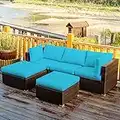 Tangkula 5 Piece Patio Furniture Set, Outdoor Sectional Rattan Sofa Set with Cushions and Coffee Table, Suitable for Backyard Porch Garden Poolside and Deck, Wicker Conversation Set (Turquoise)